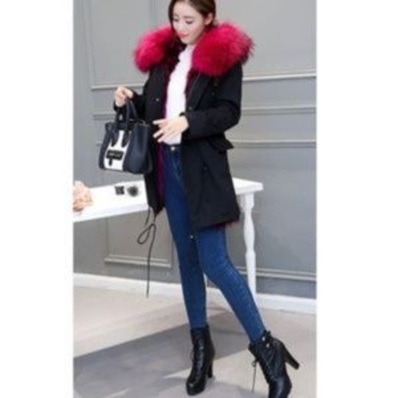 Burgundy Fox/Raccoon Fur Hooded Canvas Coat - Picture 5 of 6
